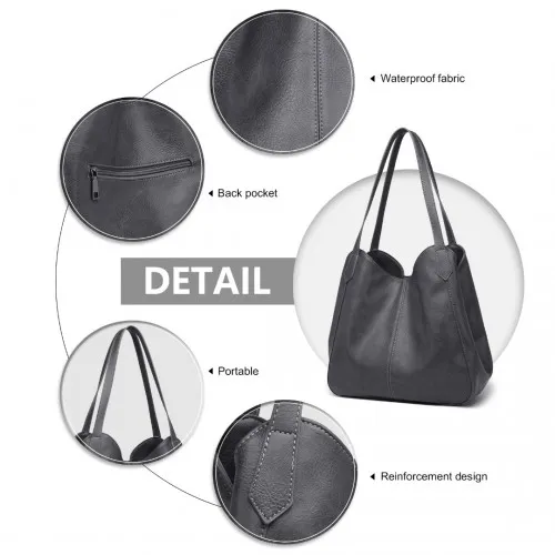 Miss Lulu Soft Leather Tote Shoulder Bag - Grey | Multiple Pockets | Stylish & Functional