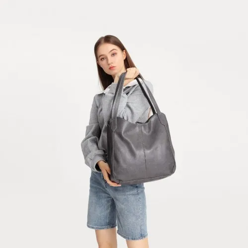 Miss Lulu Soft Leather Tote Shoulder Bag - Grey | Multiple Pockets | Stylish & Functional