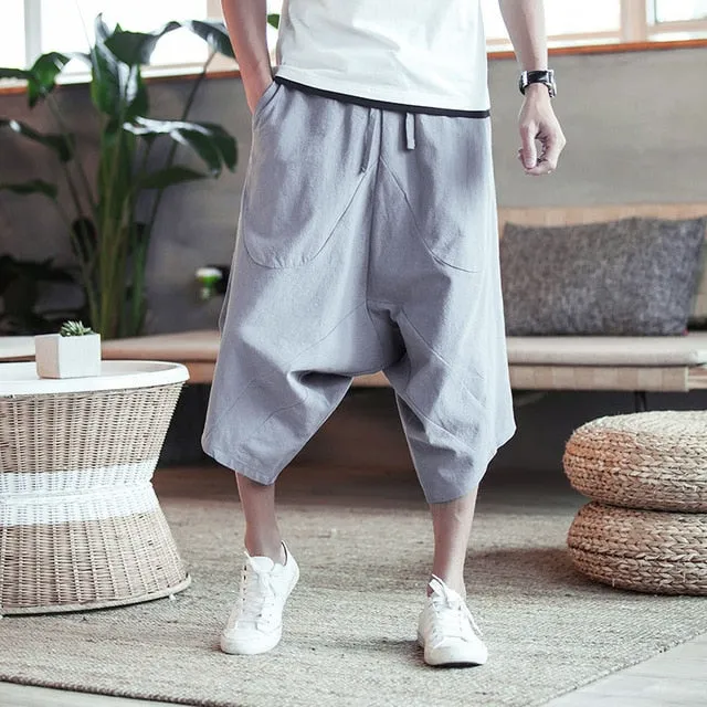 MRDONOO Men Pants Men's Wide Crotch Harem Pants Loose Large Cropped Trousers Wide-legged Bloomers Chinese Style Flaxen Baggy