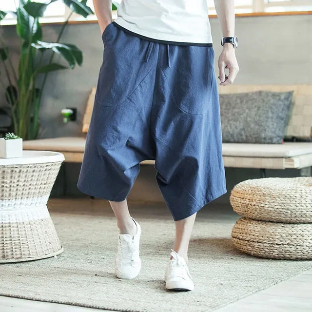 MRDONOO Men Pants Men's Wide Crotch Harem Pants Loose Large Cropped Trousers Wide-legged Bloomers Chinese Style Flaxen Baggy