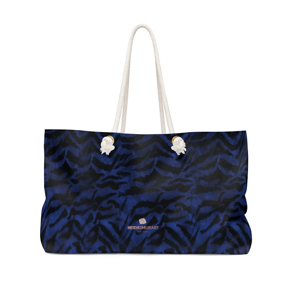 Navy Blue Tiger Stripe Tote, Animal Print Oversized Designer 24"x13" Large Weekender Bag