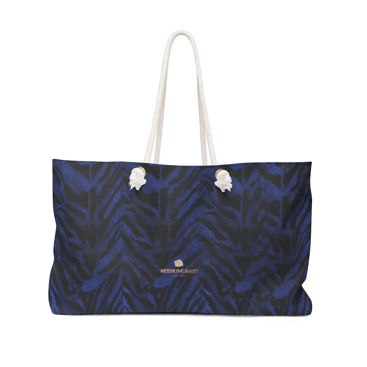 Navy Blue Tiger Stripe Tote, Animal Print Oversized Designer 24"x13" Large Weekender Bag