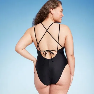 New - Women's Strappy High Leg Cheeky One Piece Swimsuit - Shade & Shore Black M