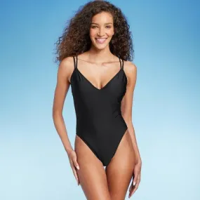 New - Women's Strappy High Leg Cheeky One Piece Swimsuit - Shade & Shore Black M