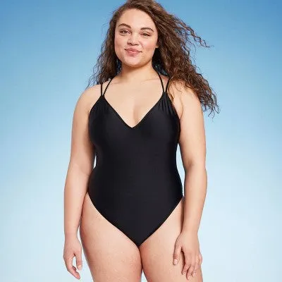 New - Women's Strappy High Leg Cheeky One Piece Swimsuit - Shade & Shore Black M