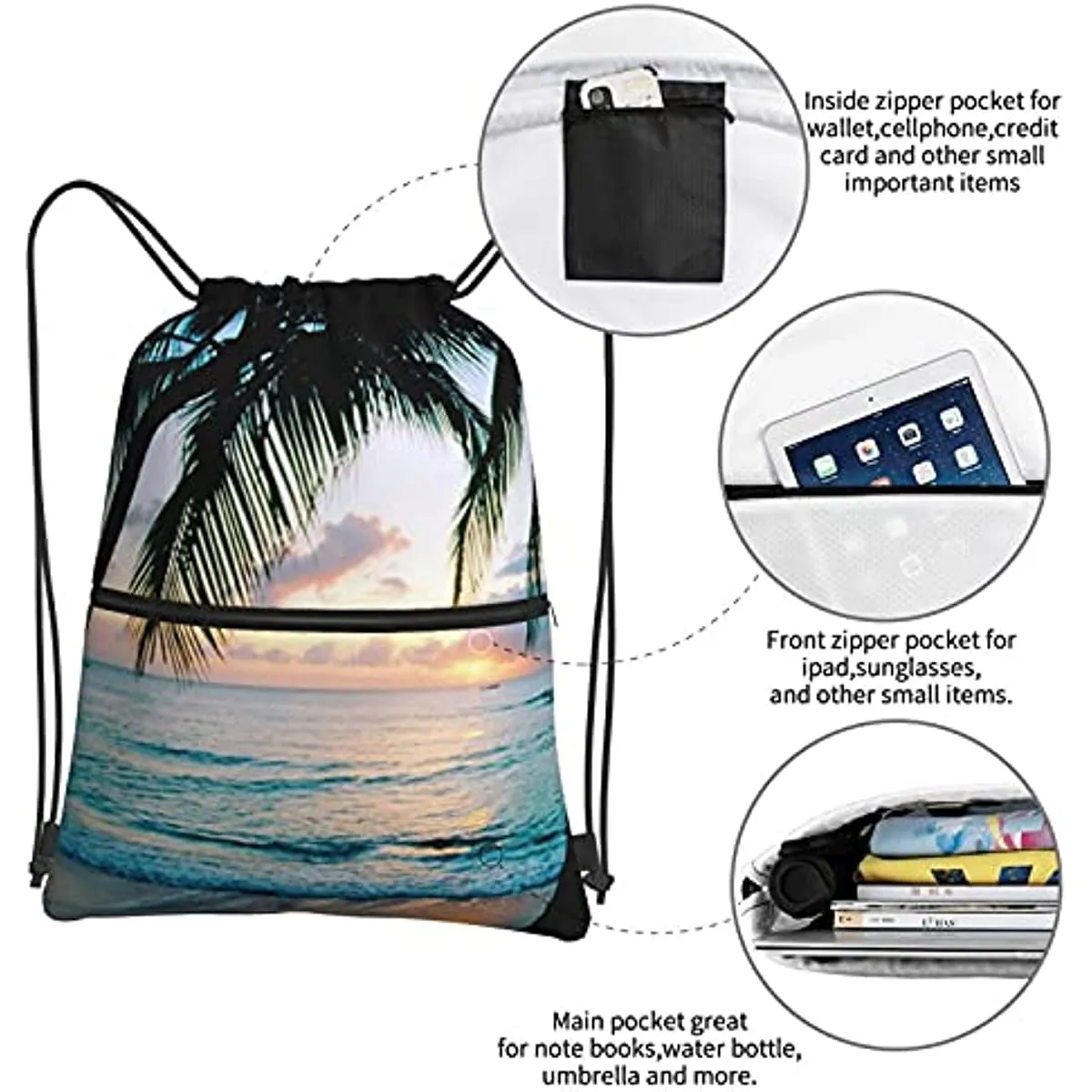 Palm tree beach Waterproof Drawstring Backpack Bag