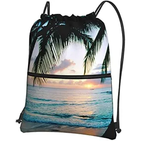 Palm tree beach Waterproof Drawstring Backpack Bag