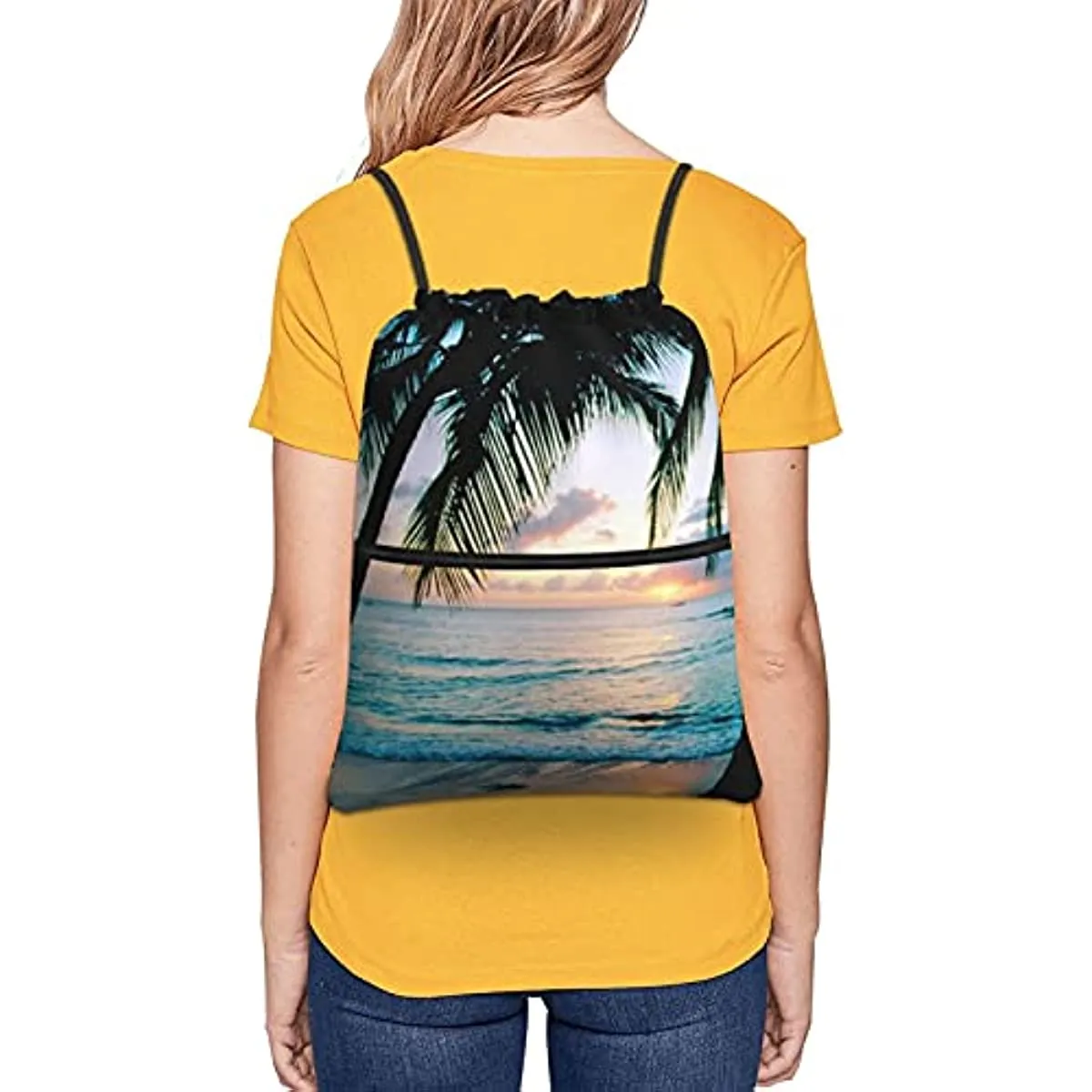 Palm tree beach Waterproof Drawstring Backpack Bag