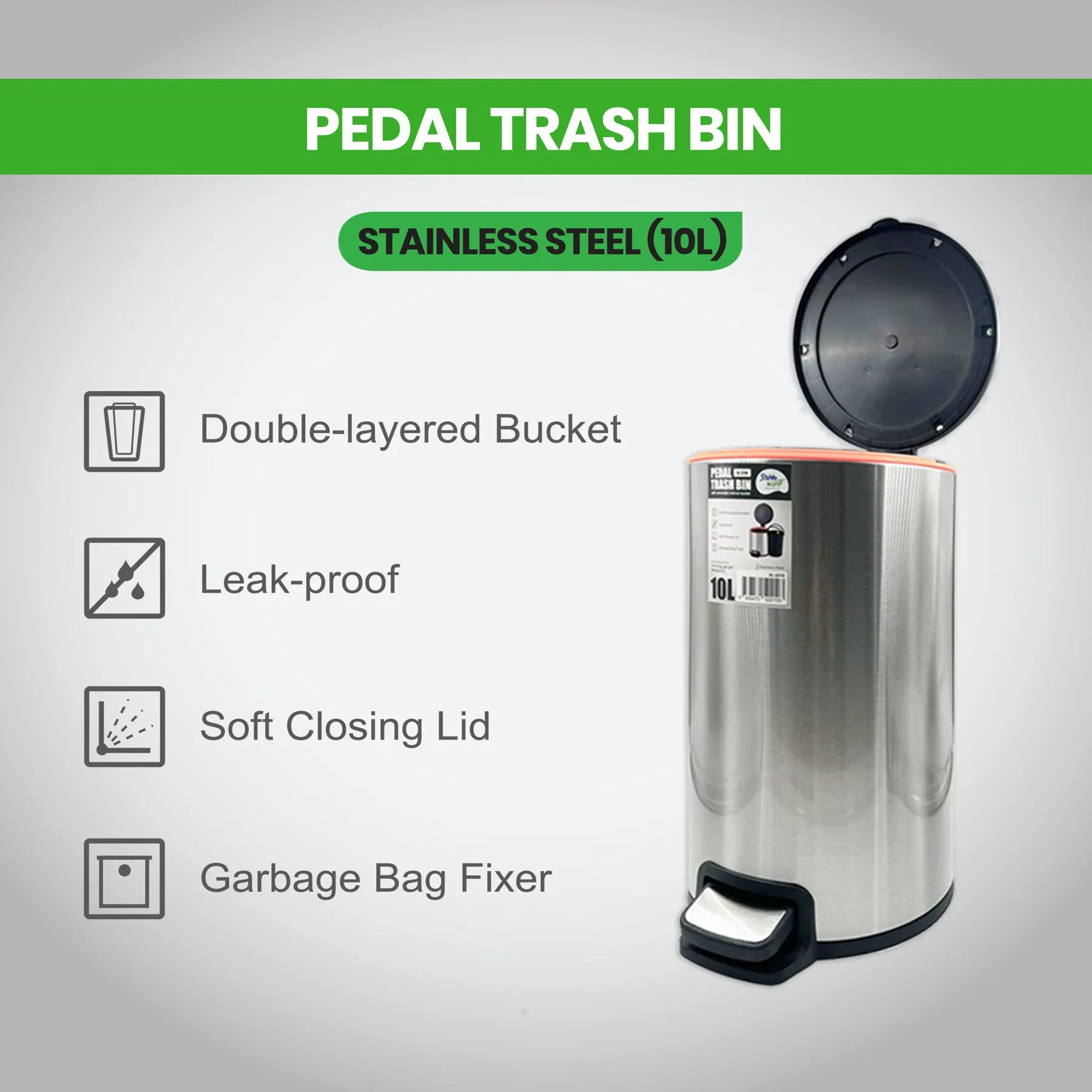 Pedal Trash Bin / Waste Bin / Dustbin 10L (Stainless Steel/White/Black)