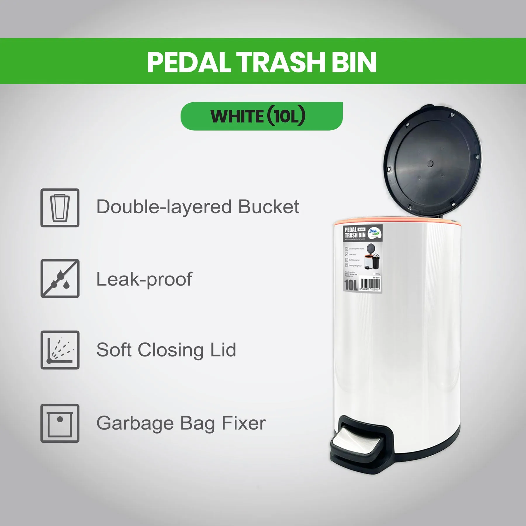 Pedal Trash Bin / Waste Bin / Dustbin 10L (Stainless Steel/White/Black)