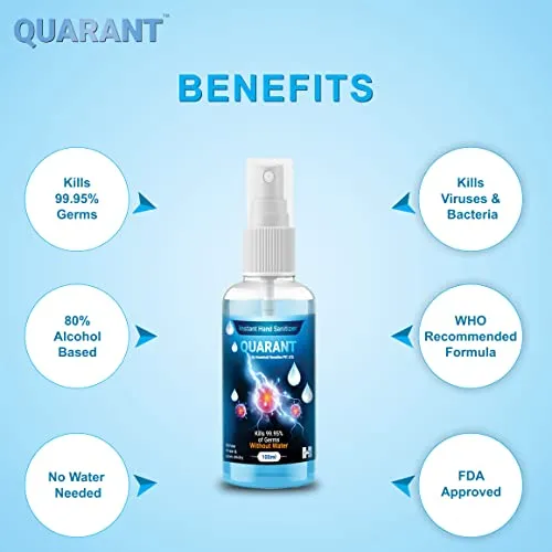 QUARANT 80% Alcohol Based Instant Hand Sanitizer Spray, Small Pocket Size Liquid Spray Bottle, Kills 99.9% Germs, WHO Recommended Formula & FDA Approved, 100 ML (Pack of 5)