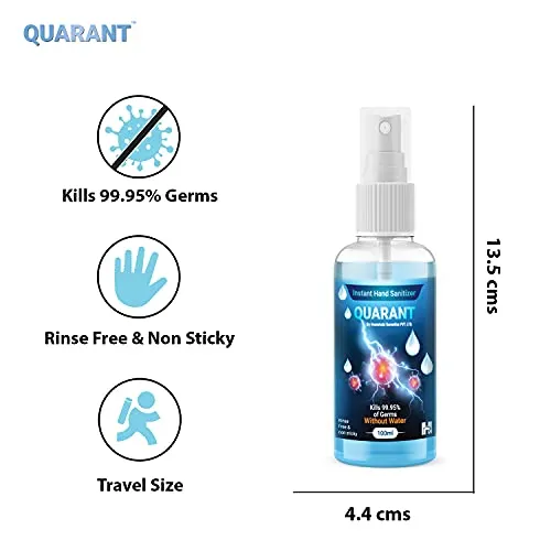 QUARANT 80% Alcohol Based Instant Hand Sanitizer Spray, Small Pocket Size Liquid Spray Bottle, Kills 99.9% Germs, WHO Recommended Formula & FDA Approved, 100 ML (Pack of 5)