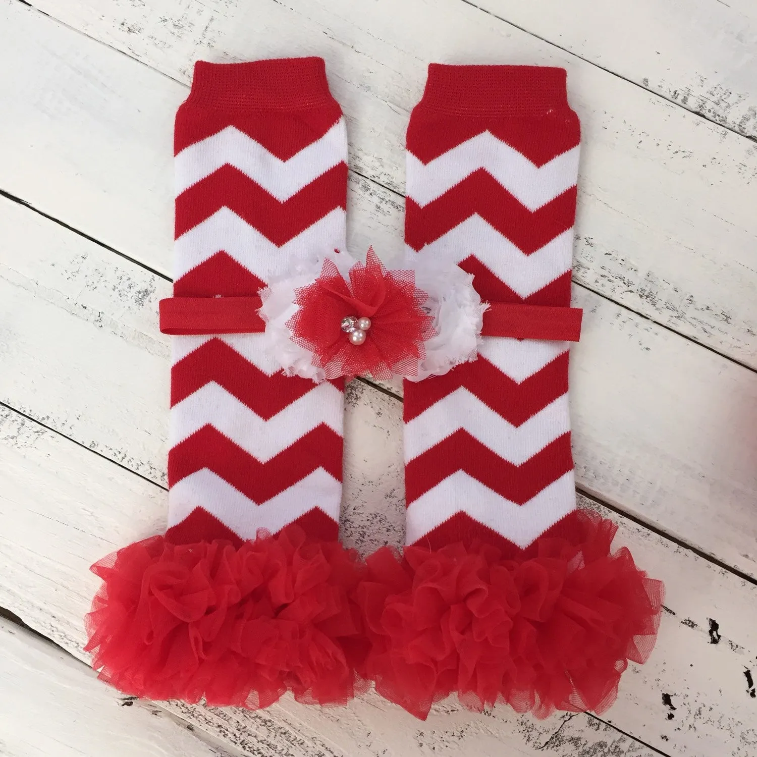 Red/White Chevron leg warmers, matching headband bow, ruffle bottom bloomers