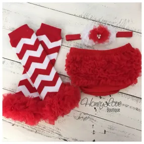 Red/White Chevron leg warmers, matching headband bow, ruffle bottom bloomers