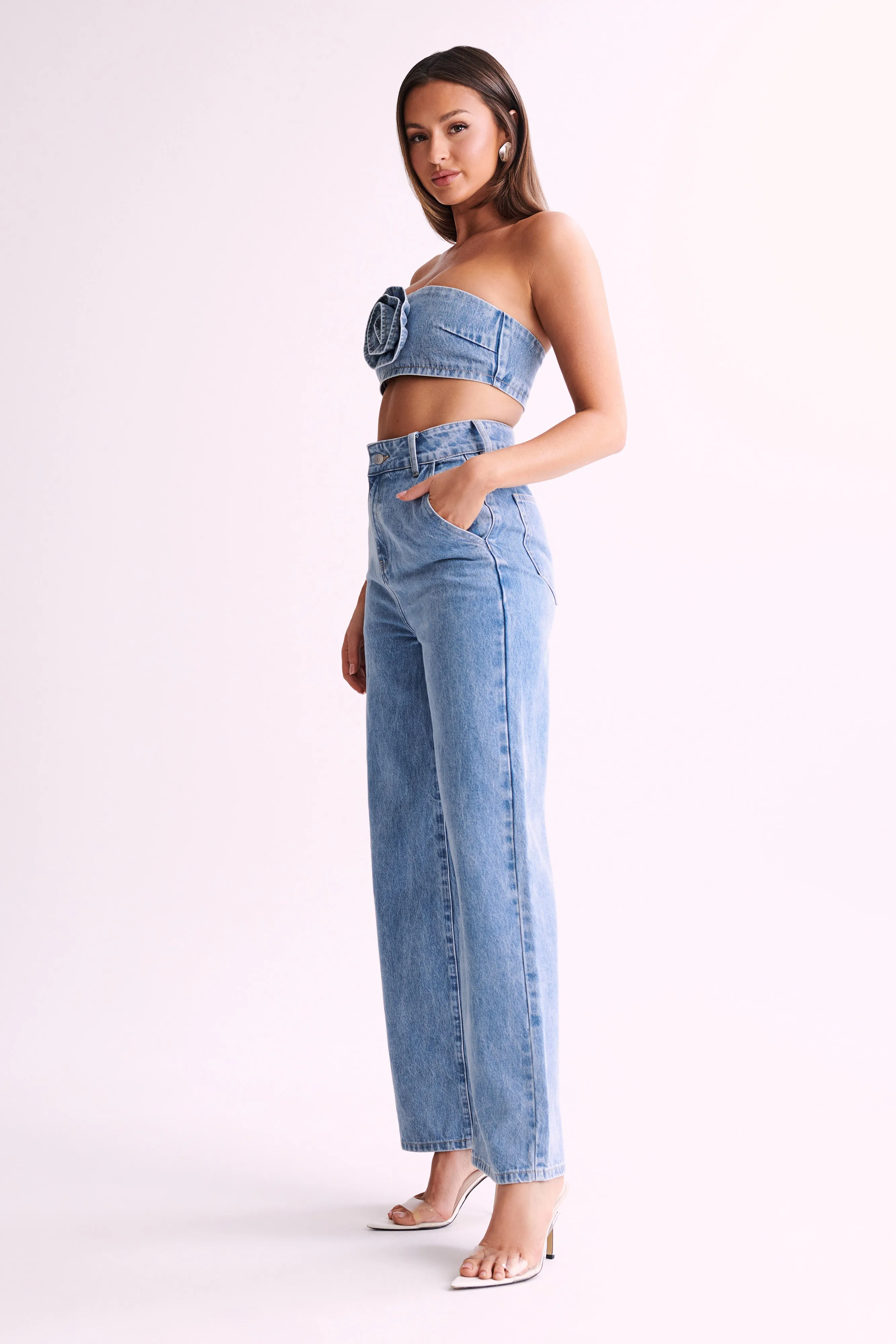 Roxy Wide Leg High Waist Denim Jeans - Mid Blue