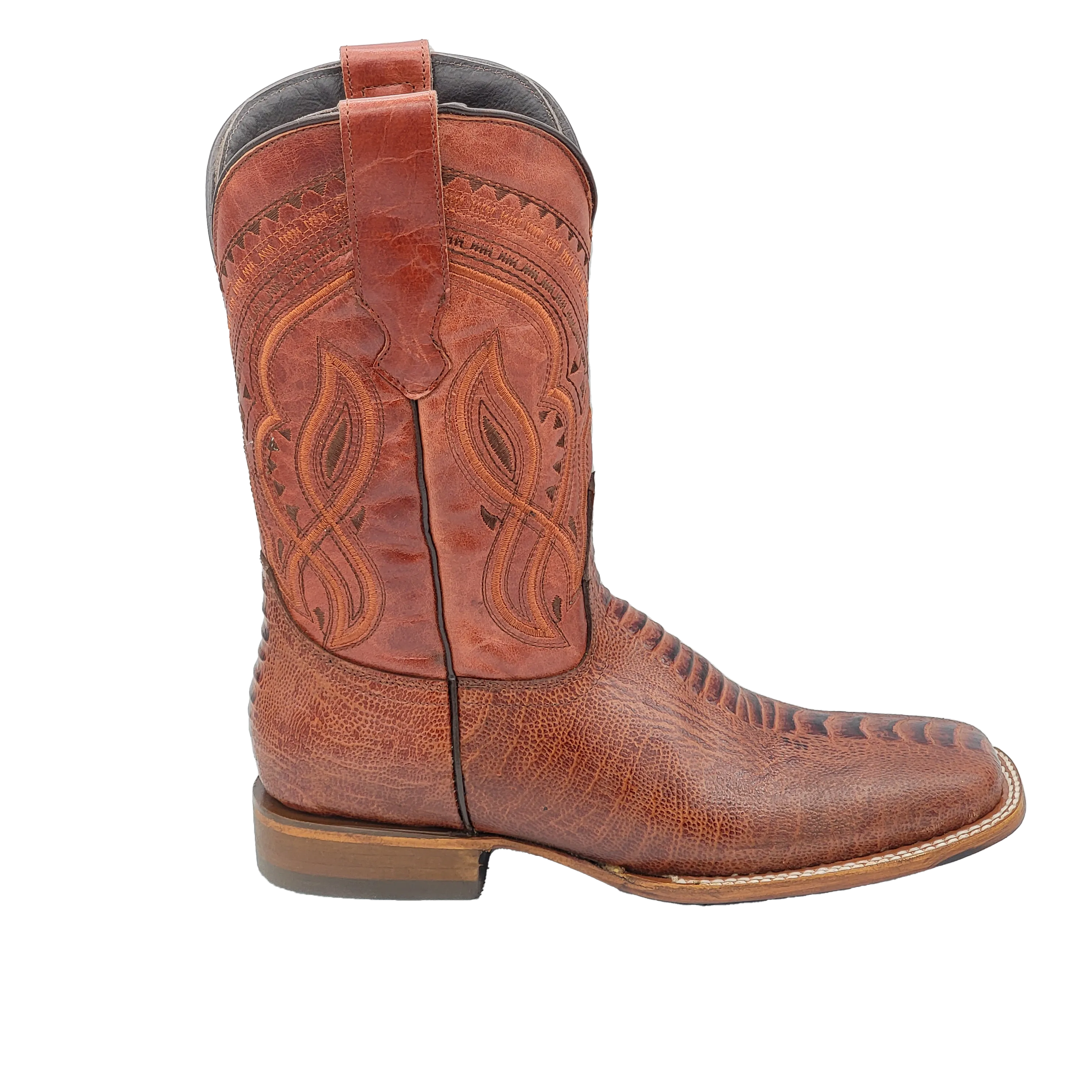 Silverton Ostrich Leg Print Leather Wide Square Toe Boots (Shedron)