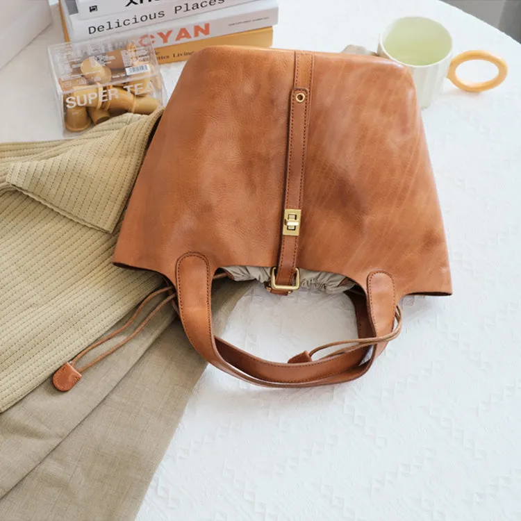 Small Ladies Brown Leather Bucket Bag Genuine Leather Tote Bags