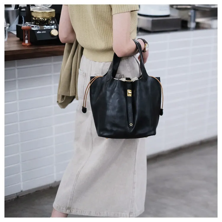 Small Ladies Brown Leather Bucket Bag Genuine Leather Tote Bags