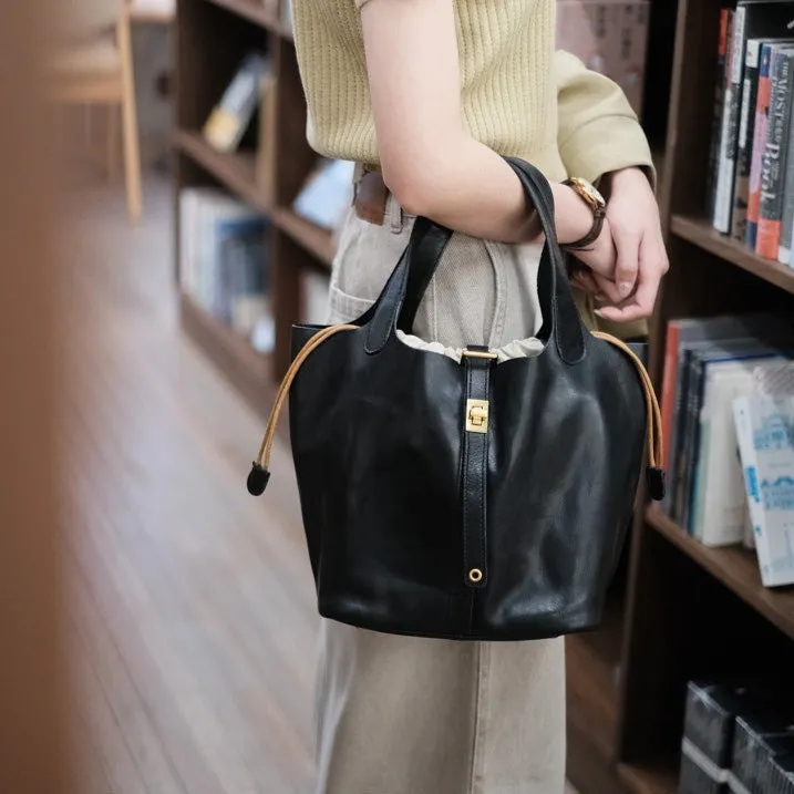 Small Ladies Brown Leather Bucket Bag Genuine Leather Tote Bags