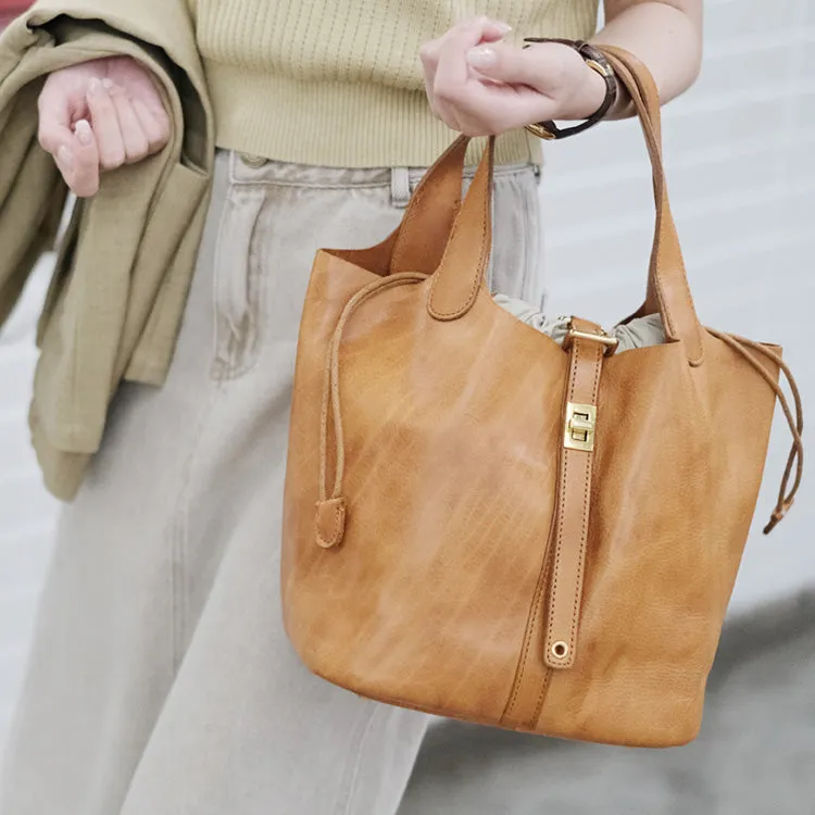 Small Ladies Brown Leather Bucket Bag Genuine Leather Tote Bags