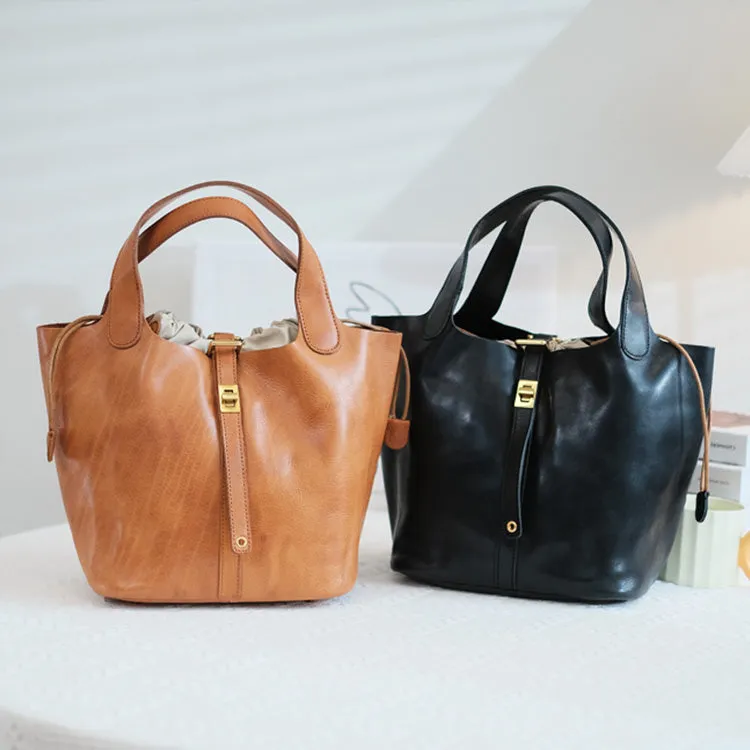 Small Ladies Brown Leather Bucket Bag Genuine Leather Tote Bags