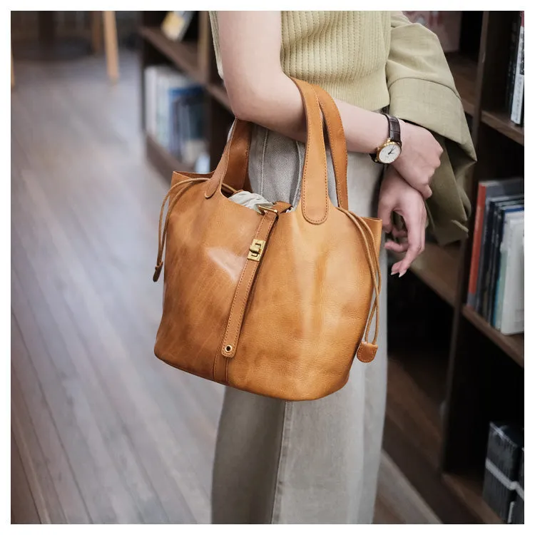 Small Ladies Brown Leather Bucket Bag Genuine Leather Tote Bags