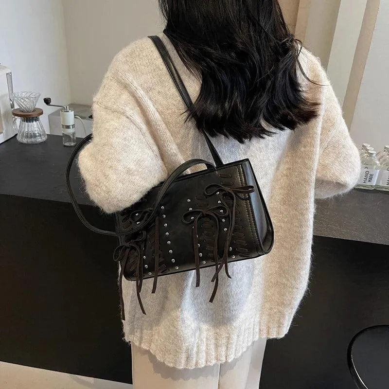 Small Shoulder Bags Bow Crisscross Studded Women Zipper Double Handles Tote Bag