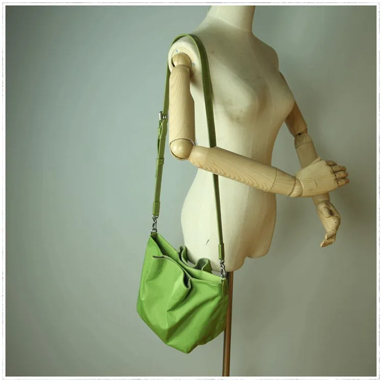 Small Womens Green Nylon Leather Crossbody Handbag Purse Bucket Green Nylon Shoulder Bag Purse for Ladies