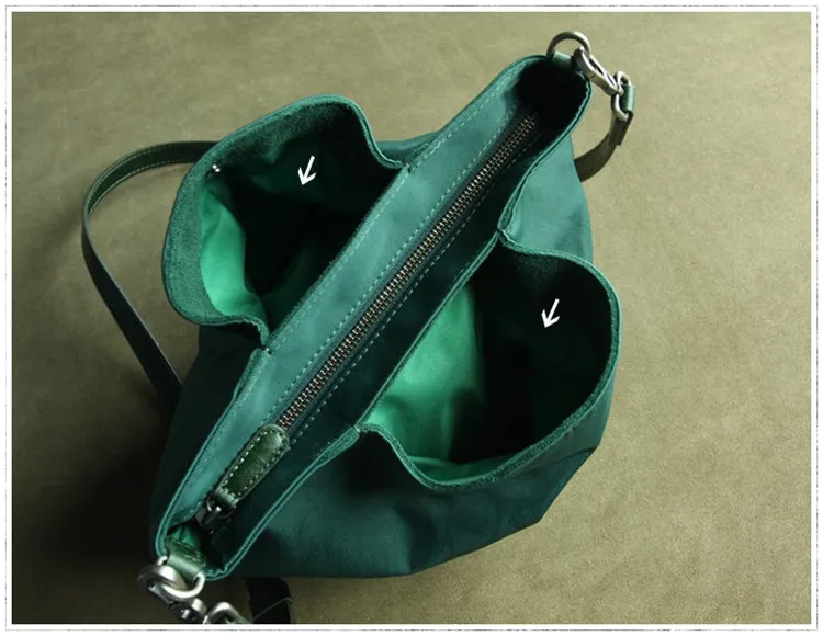 Small Womens Green Nylon Leather Crossbody Handbag Purse Bucket Green Nylon Shoulder Bag Purse for Ladies