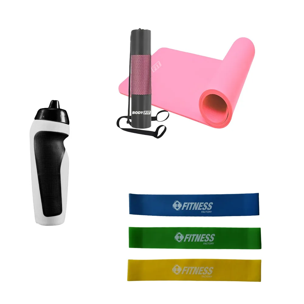 Starter Gym Kit - Fitness Mat 1.5 cm With Carry Bag   Squeeze Water Bottle 500 ml  Set Resistance Band