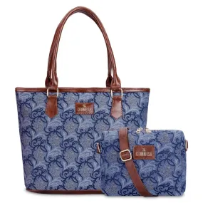 THE CLOWNFISH Combo Of Adelina Sling for Women Crossbody Bag for Ladies College Girls & Justina Tapestry Fabric & Faux Leather Handbag for Women (Blue-Floral)