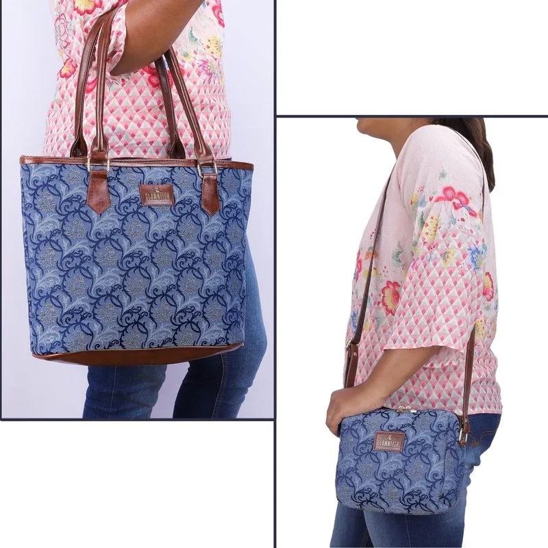 THE CLOWNFISH Combo Of Adelina Sling for Women Crossbody Bag for Ladies College Girls & Justina Tapestry Fabric & Faux Leather Handbag for Women (Blue-Floral)