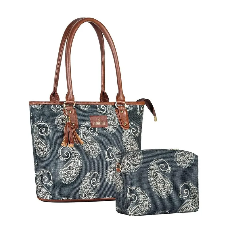 THE CLOWNFISH Combo Of Percy Printed Handicraft Fabric Handbag for Women Isla Printed Handicraft Fabric Crossbody Sling bag for Women (Ash Grey)