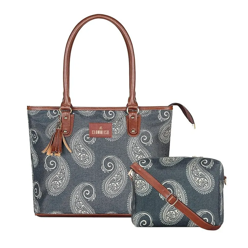 THE CLOWNFISH Combo Of Percy Printed Handicraft Fabric Handbag for Women Isla Printed Handicraft Fabric Crossbody Sling bag for Women (Ash Grey)