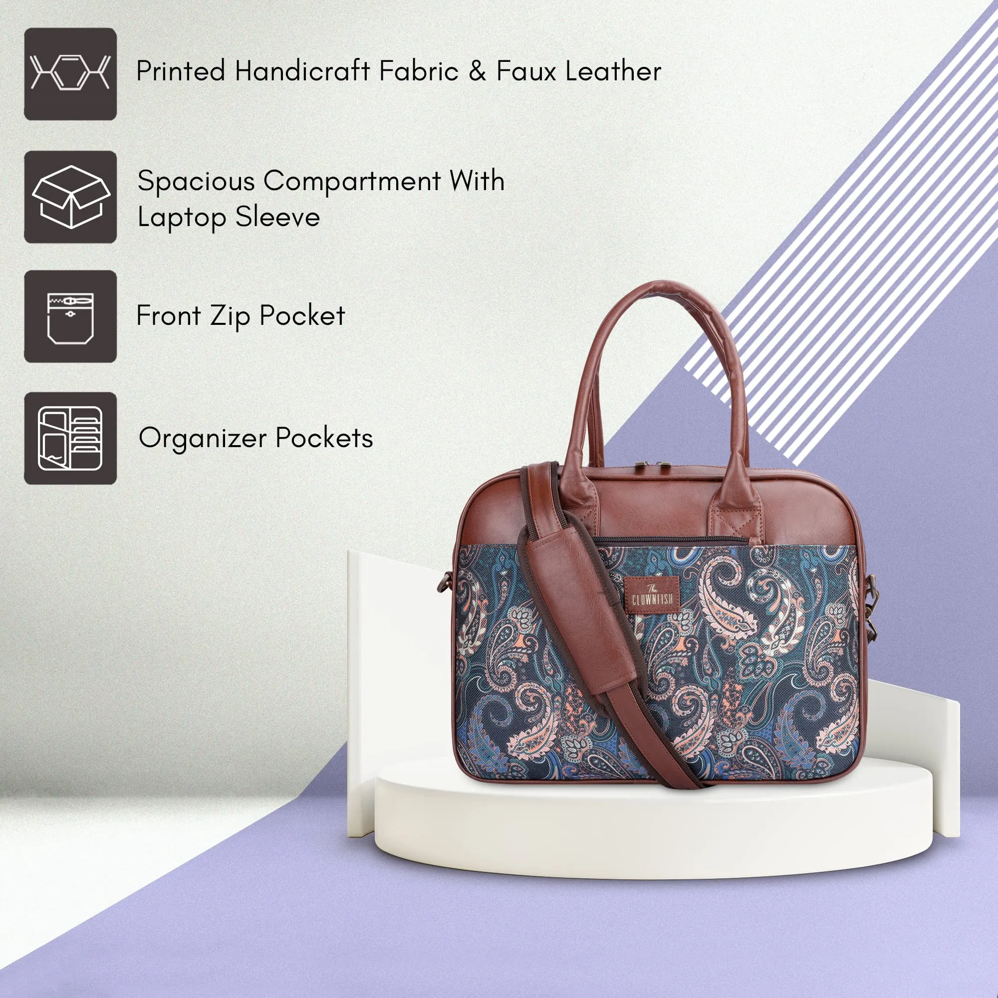 THE CLOWNFISH Deborah series 15.6 inch Laptop Bag For Women Printed Handicraft Fabric & Faux Leather Office Bag Briefcase Messenger Sling Handbag Business Bag (Marine Blue)