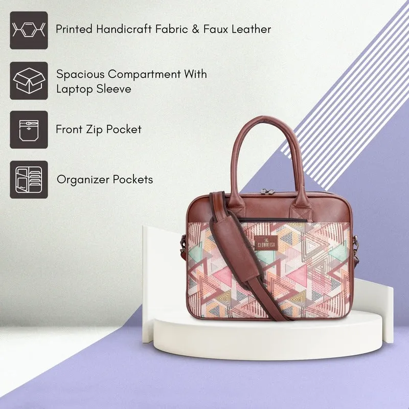 THE CLOWNFISH Deborah series 15.6 inch Laptop Bag For Women Printed Handicraft Fabric & Faux Leather Office Bag Briefcase Messenger Sling Handbag Business Bag (Multicolour-Triangle)