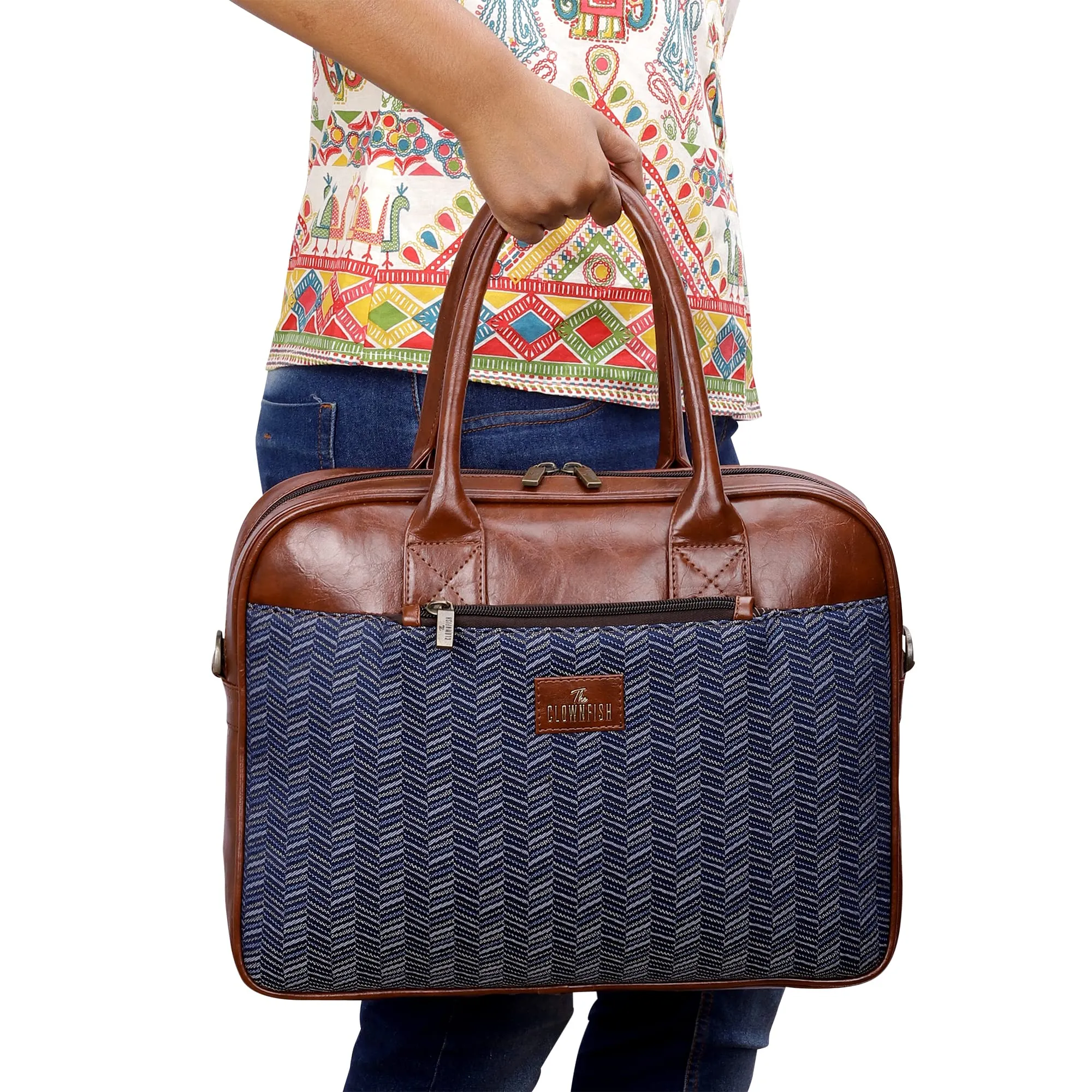 THE CLOWNFISH Deborah series 15.6 inch Laptop Bag For Women Tapestry Fabric & Faux Leather Office Bag Briefcase Messenger Sling Handbag Business Bag (Blue-Stripes)