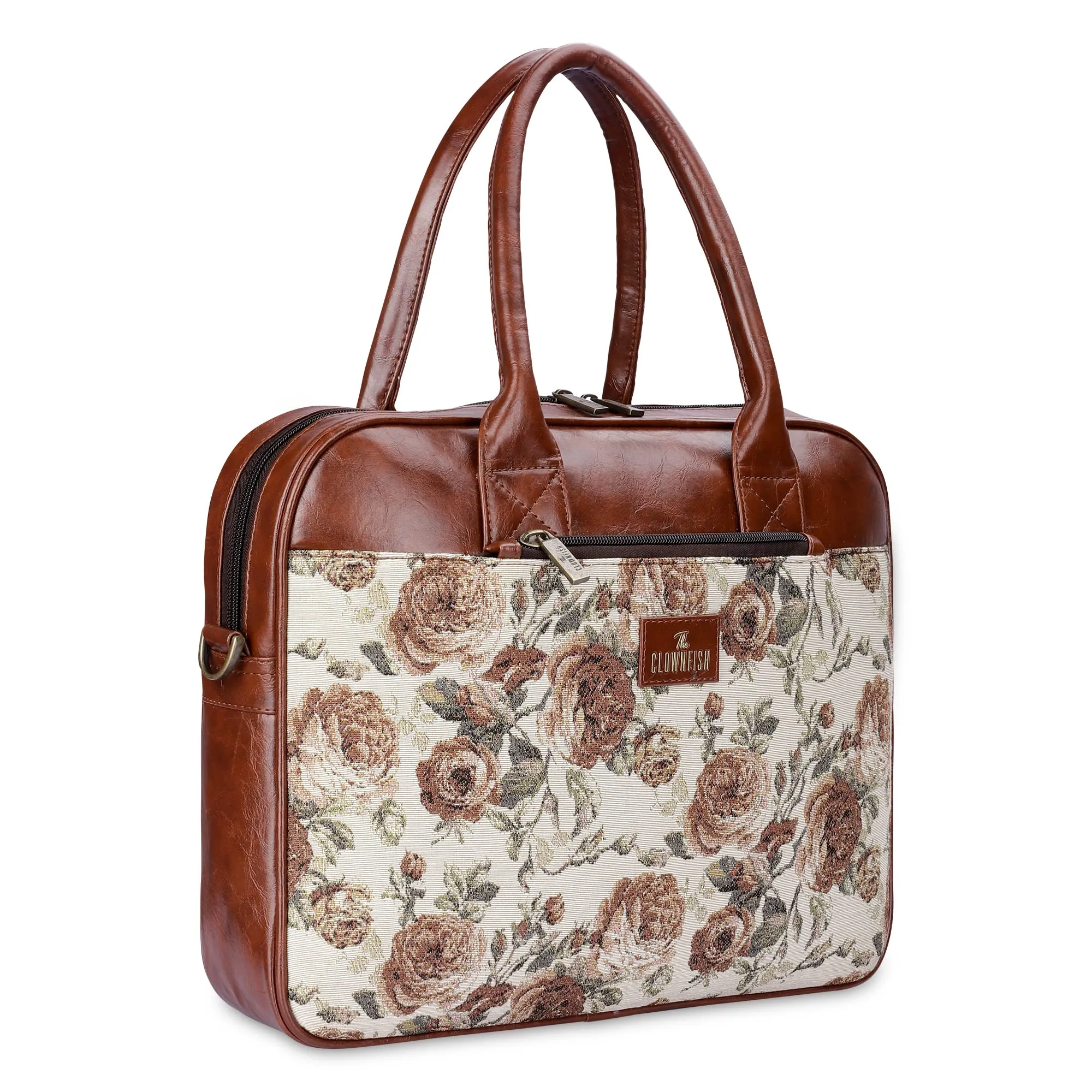 THE CLOWNFISH Deborah series 15.6 inch Laptop Bag For Women Tapestry Fabric & Faux Leather Office Bag Briefcase Messenger Sling Handbag Business Bag (Brown-Floral)