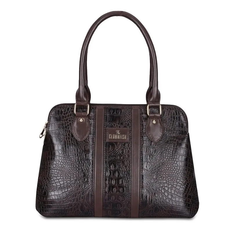 THE CLOWNFISH Freya Collection Faux Leather Crocodile Finish Handbag for Women Office Bag Ladies Purse Shoulder Bag Tote For Women College Girls (Dark Brown)