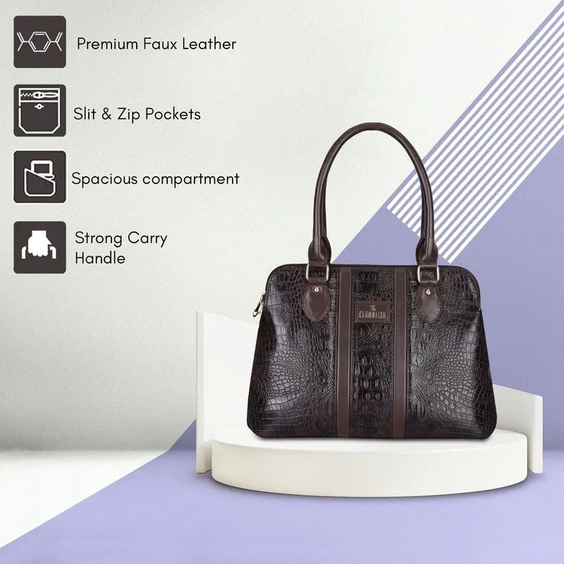 THE CLOWNFISH Freya Collection Faux Leather Crocodile Finish Handbag for Women Office Bag Ladies Purse Shoulder Bag Tote For Women College Girls (Dark Brown)