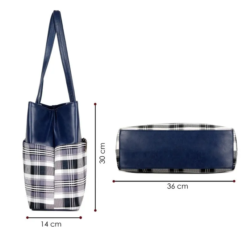 THE CLOWNFISH Gloria Handbag - Durable Faux Leather | 15L Capacity | Navy Blue | Stylish Checks Design