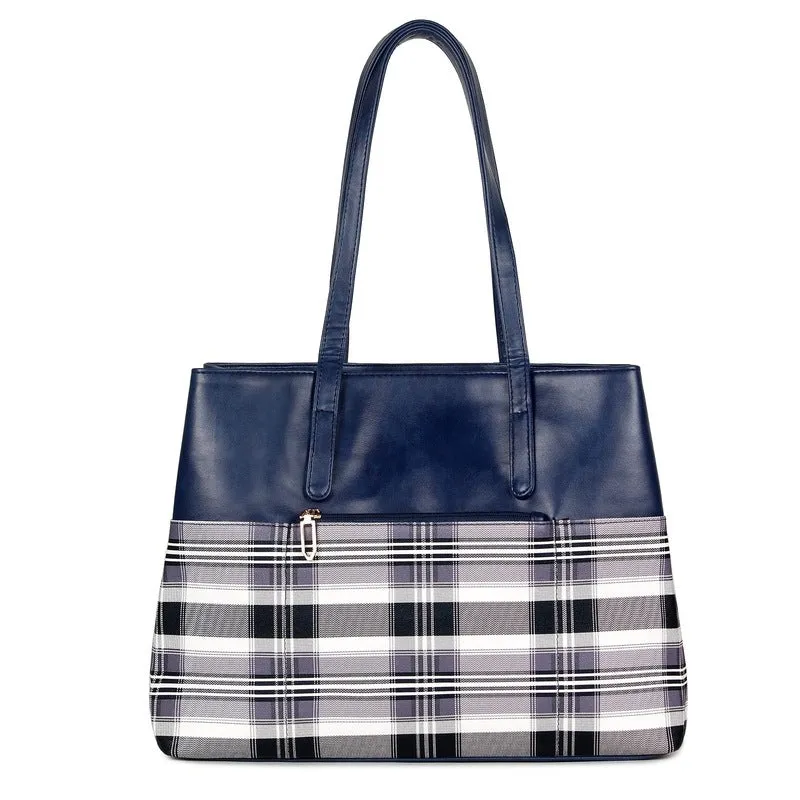 THE CLOWNFISH Gloria Handbag - Durable Faux Leather | 15L Capacity | Navy Blue | Stylish Checks Design