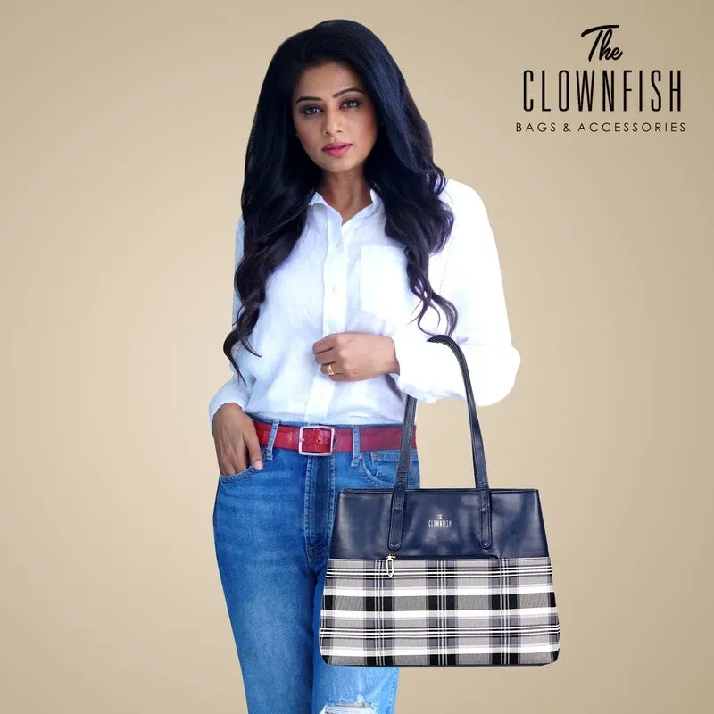 THE CLOWNFISH Gloria Handbag - Durable Faux Leather | 15L Capacity | Navy Blue | Stylish Checks Design