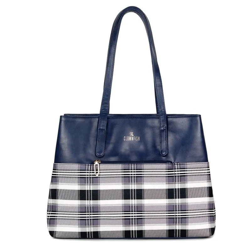 THE CLOWNFISH Gloria Handbag - Durable Faux Leather | 15L Capacity | Navy Blue | Stylish Checks Design