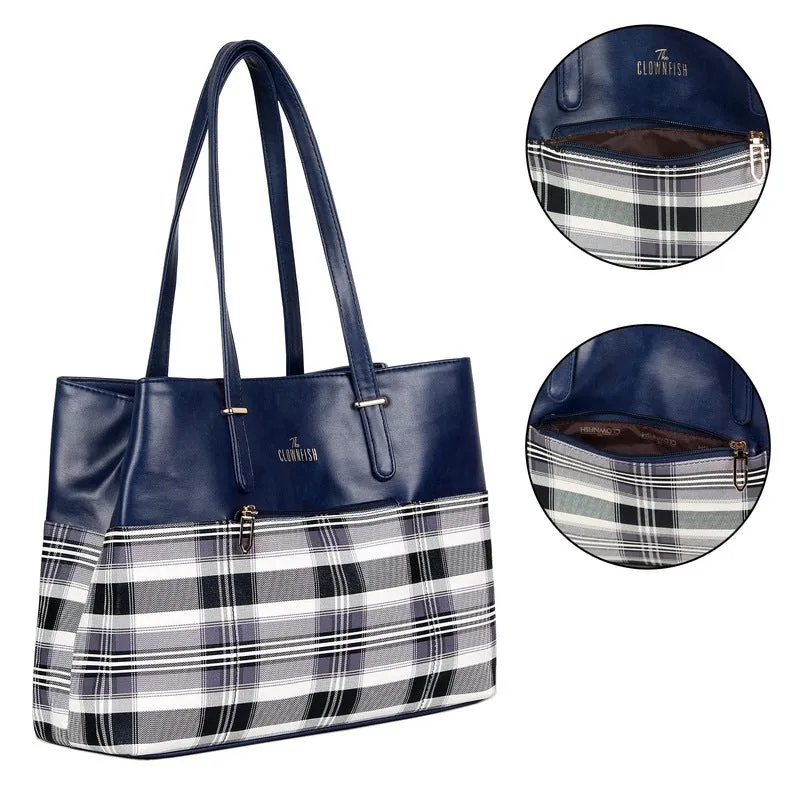 THE CLOWNFISH Gloria Handbag - Durable Faux Leather | 15L Capacity | Navy Blue | Stylish Checks Design