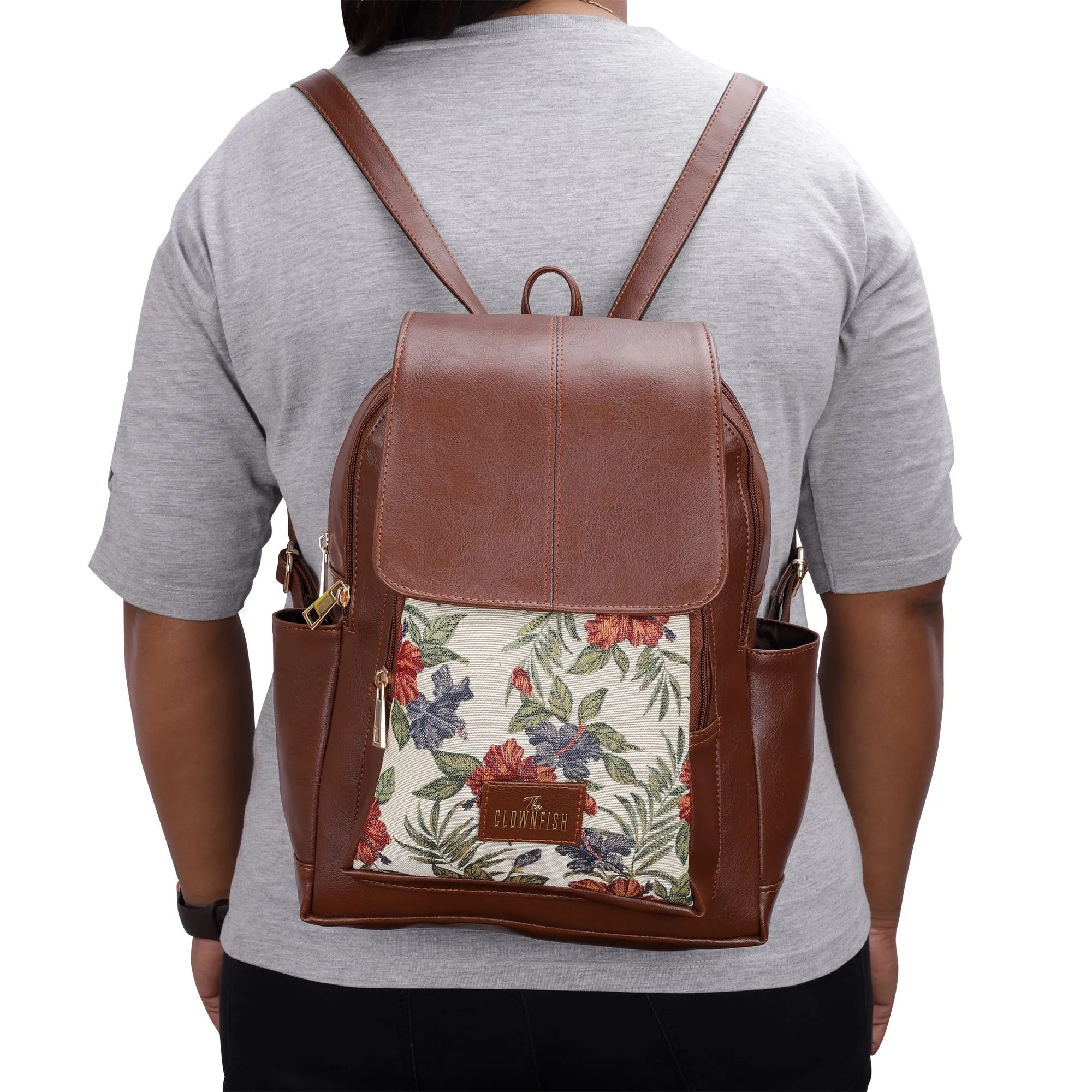 THE CLOWNFISH Medium Size Minerva Faux Leather & Tapestry Women's Standard Backpack College School Bag Casual Travel Standard Backpack For Ladies Girls (Maroon- Floral), 10 Litre