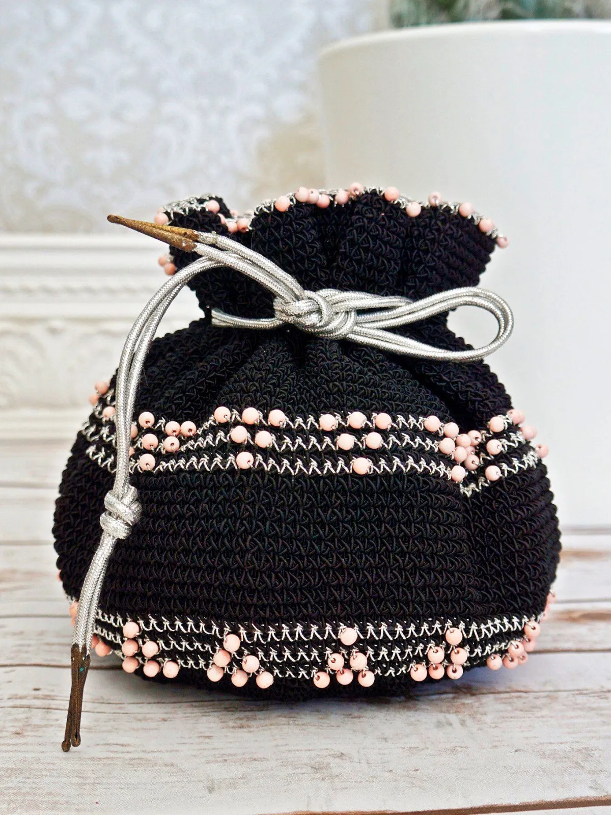 Vintage 50's Macrame Drawstring Bag