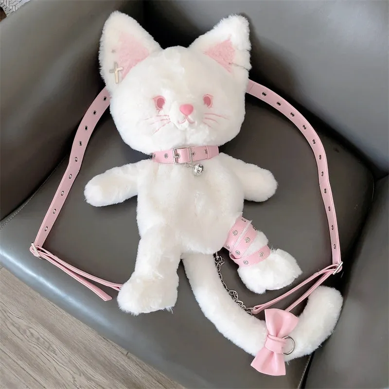 White & Black Cat Kitten Doll Plush Backpack Shoulder Bag