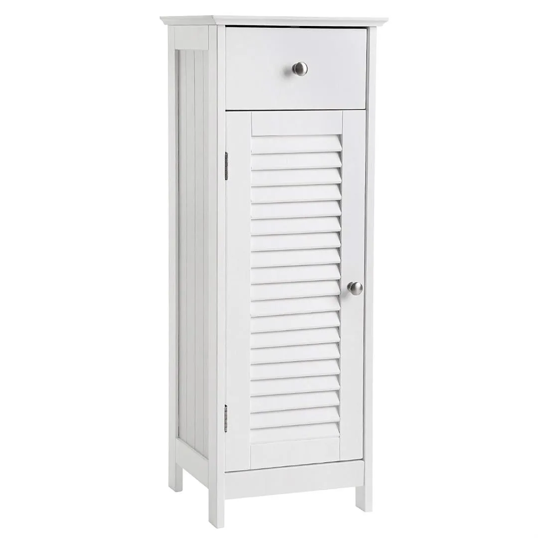 White Slim Bathroom Storage Floor Cabinet with Louver Door and Drawer