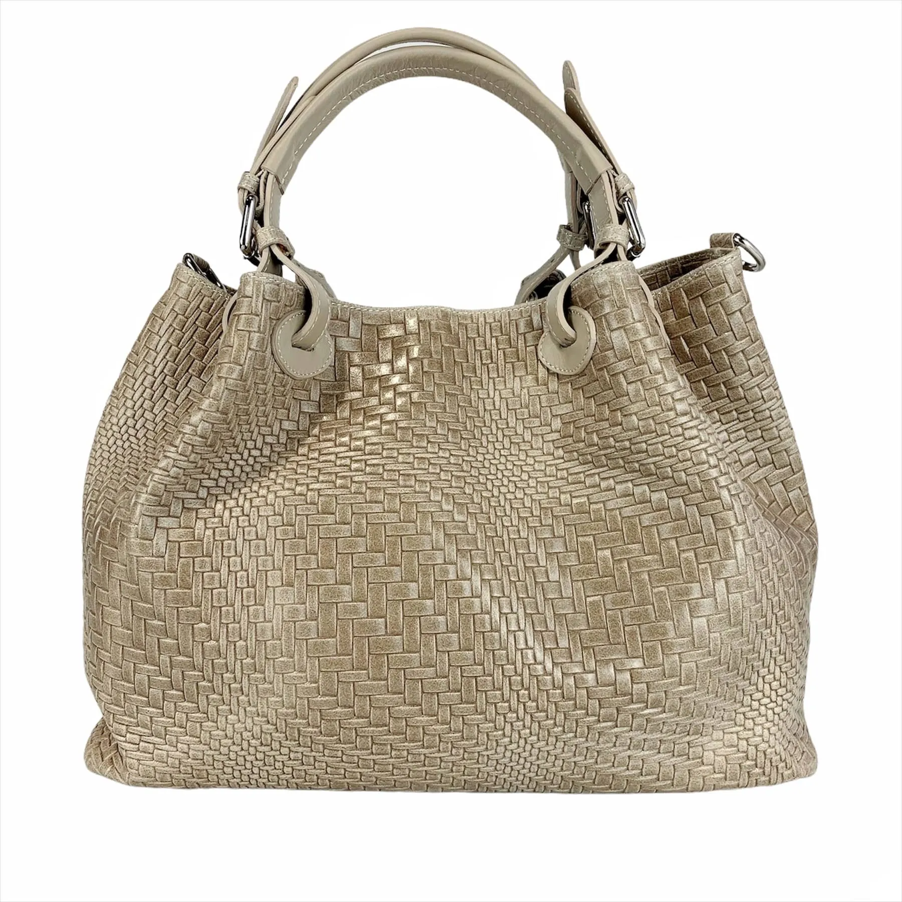 Woven Braided Style Beige Genuine Leather Medium Handbag Made In Italy